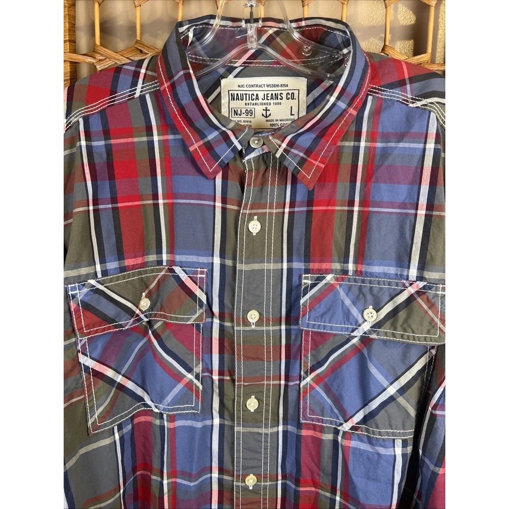 Nautica Plaid Button Up Shirt Men's SZ Large Long Sleeve 100% Cotton Casual